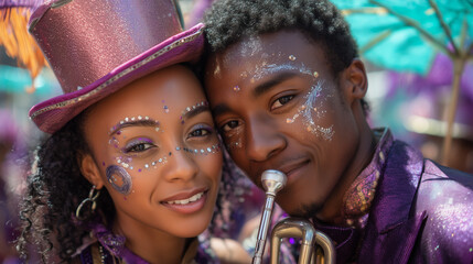 Vibrant Kaapse Klopse Tweede Nuwe Jaar Carnival celebration in Cape Town featuring joyful couple with festive face paint and trumpet