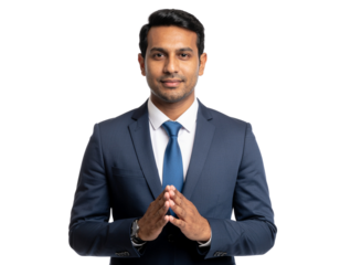 Business keynote speaker standing with hands clasped in front, realistic facial focus and balanced body posture, isolated on a transparent background, PNG