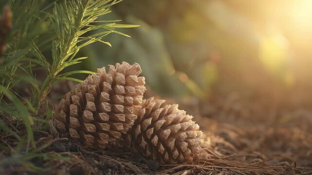 Two pinecones rest among needles and greenery in a forest setting bathed in warm natural sunlight