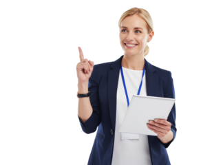 Professional seminar speaker standing with tablet in hand, natural standing pose with accurate finger anatomy, isolated on a transparent background, PNG