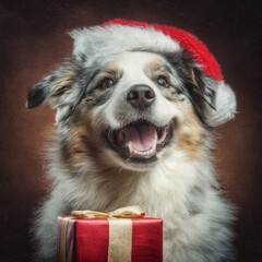 Enchanting christmas delights with a smiling doggy. Luxury portrait. Adorable dog with santa hat and gift, a playful holiday greeting. Chic appearance. Fashion editorial.