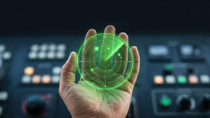 Hand holding holographic radar display glowing green, futuristic navigation interface with scanning blips
