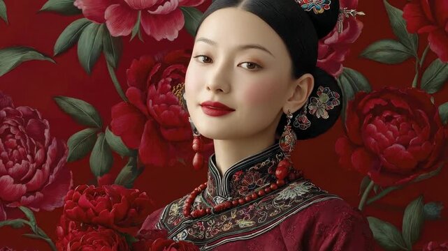 Woman in traditional red dress ornate jewelry and elegant updo set against a red floral background