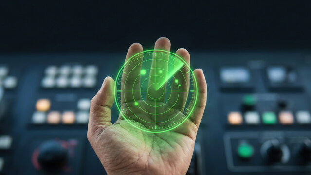 Hand holding holographic radar display glowing green, futuristic navigation interface with scanning blips - Powered by Adobe