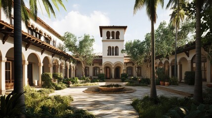 Naklejka premium Mediterranean Villa Courtyard Oasis: Architectural Masterpiece