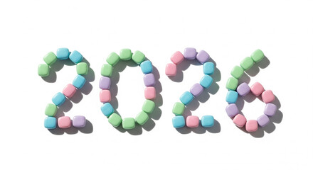 Colorful marshmallows form 2026 on white background with shadows, pastel hues, and creative arrangement