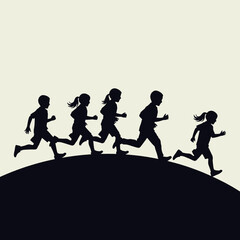 Energetic Children Silhouettes Running Uphill in a Dynamic Race or Play Illustration