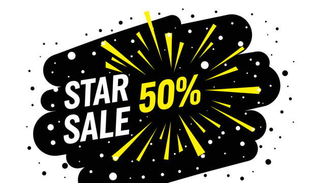 Black cloud shape with 'STAR SALE 50%' text and yellow rays on white background