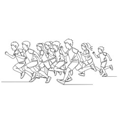 Dynamic Line Art of Diverse Children Running a Race, Embodying Speed, Teamwork, and Healthy Competition in Youth Sports
