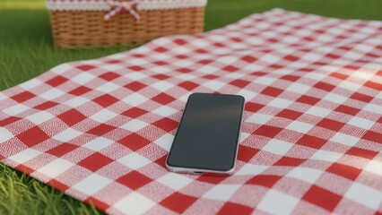 High angle view of a phone with blank screen on a picnic blanket in a park