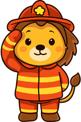 Cute Firefighter Lion with Salute Poses Vector Design