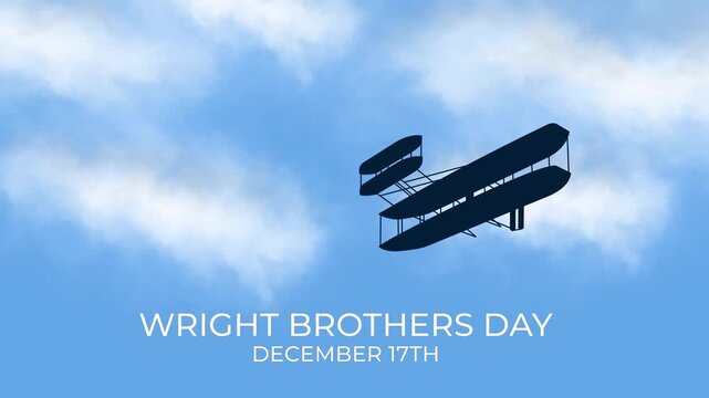 Animation of Wright Brothers Plane flying on the blue sky through the cloud. Suitable for Happy Wright Brothers Day celebration on December 17th.
