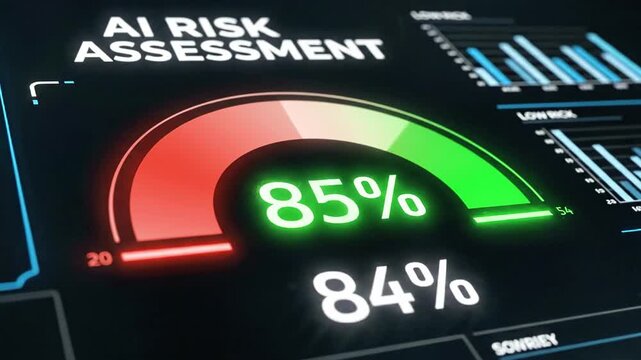 A computer screen displaying a risk assessment gauge with a red-to-green gradient, showing 80% risk level