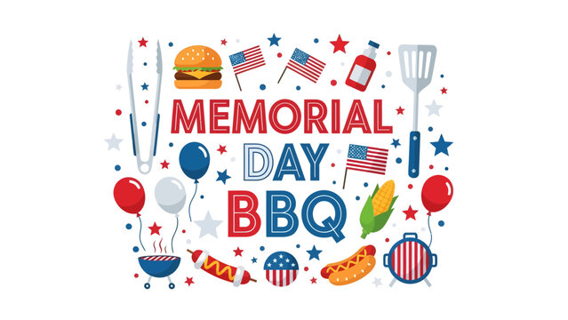 Colorful Memorial Day BBQ illustration with American flags and festive elements