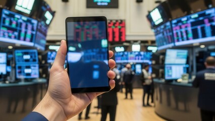 Blank screen device held in a hand with a blurred background of a busy stock exchange
