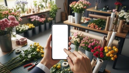 Professional hand holding smartphone with blank screen in modern florist workshop