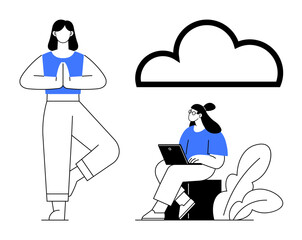 Remote work concept. Remote work combining laptop usage and moments of wellness. Remote work promoting balance through technology and mindfulness. Suitable for workplace balance, mindfulness, tech