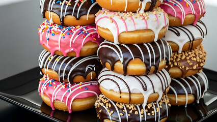 Donuts Stacked with Colorful Glaze on Plate