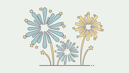 Stylized vector illustration of three fireworks exploding in blue and yellow colors with stars. © Joko santoso