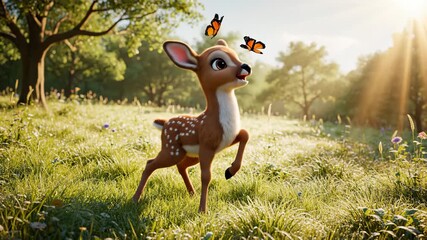 Animated Baby Deer Standing in a Meadow With Butterflies, Sunrise