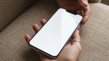 Close up of a hand holding a smartphone with copy space screen on a fabric chair