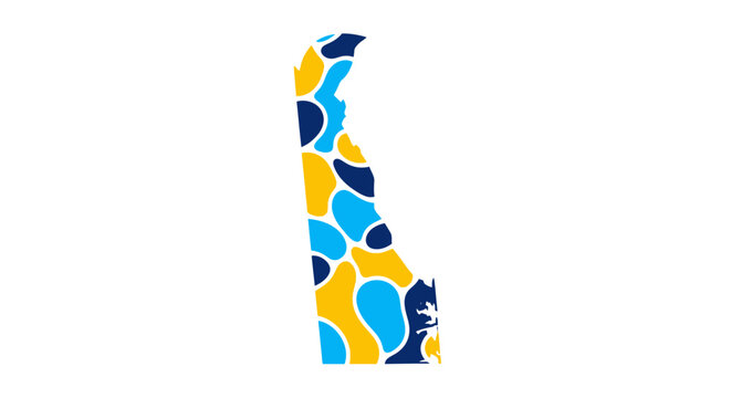 Vibrant abstract geometric pattern intricately fills the outline of Delaware state, showcasing a modern and stylized interpretation of regional identity with bold blue and yellow shapes