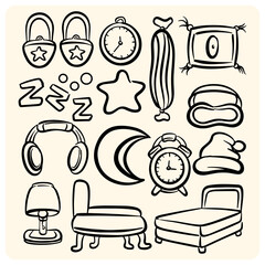 Hand Drawn Sleep and Bedroom Objects Doodle Set