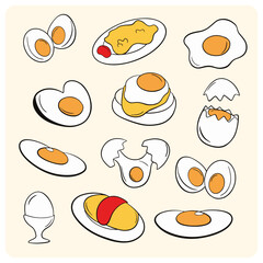 Hand-Drawn Cartoon Fried Egg and Broken Egg Shell Doodle Set