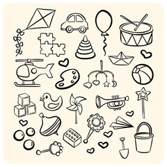 Hand-Drawn Doodle Collection of Classic Childhood Toys and Play Items