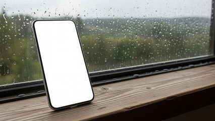 Smartphone mockup placed on a wooden windowsill with raindrops on the glass pane