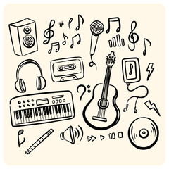 Hand-Drawn Doodle Set of Music Instruments and Audio Elements