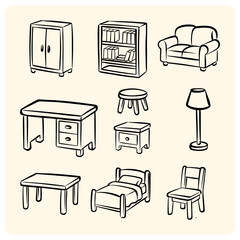 Hand-Drawn Furniture Set for Home and Office Interior Design Elements