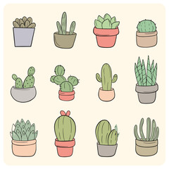 Hand-Drawn Pastel Succulents and Cacti Potted Plants Doodle Set