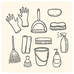 Home Cleaning and Housework Tools Doodle Set
