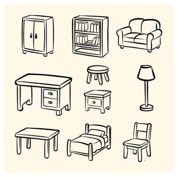 Hand-Drawn Furniture Set for Home and Office Interior Design Elements