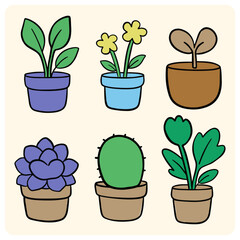Set of Cute Potted Plants Doodle Illustration