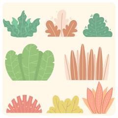 Set of Flat Abstract Tropical Foliage and Bushes
