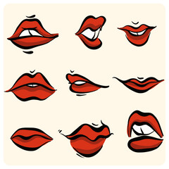 Set of Red Lips in Various Comic and Pop Art Styles