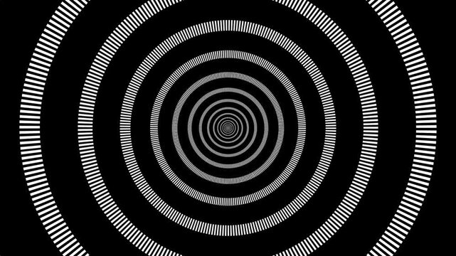 A hypnotic, abstract tunnel of spiraling concentric white circles receding and advancing in loop into a dark, infinite void, creating a sense of depth and motion.