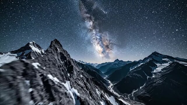 A breathtaking panoramic view of the majestic Milky Way galaxy stretching across a dark, star-filled night sky above a dramatic range of snow-capped mountains and rugged peaks, illuminated by the eth.