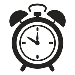 Modern black and white alarm clock icon, representing time and punctuality.