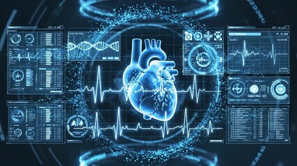 Advanced holographic human heart scan with intricate digital medical data displays showcasing futuristic cardiovascular diagnostics health monitoring and scientific research in a hightech environment. - Powered by Adobe
