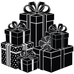 A vibrant assortment of gift boxes adorned with shiny satin ribbons, promising presents and festive surprises.