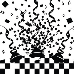 Golden confetti and streamers elegantly cascade downwards against a soft background, creating a celebratory atmosphere.