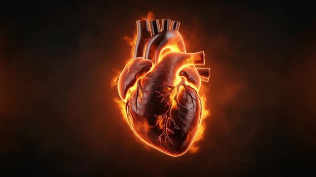 Burning human heart with pulsating flames
