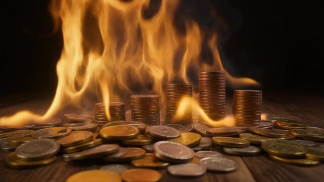 Burning money representing financial crisis and inflation