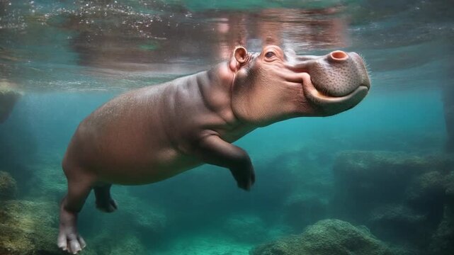 Playful young hippopotamus swimming gracefully underwater