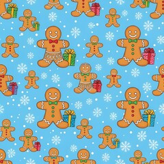 Whimsical Christmas Gingerbread Man Pattern with Festive Gift Boxes and Snowflakes