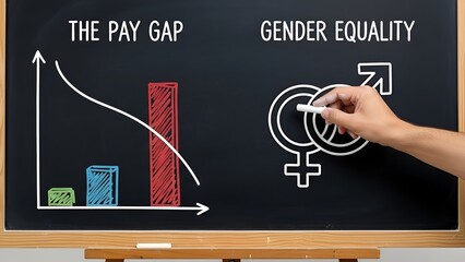 Visualizing the pay gap and striving for gender equality on a blackboard with chalk drawings