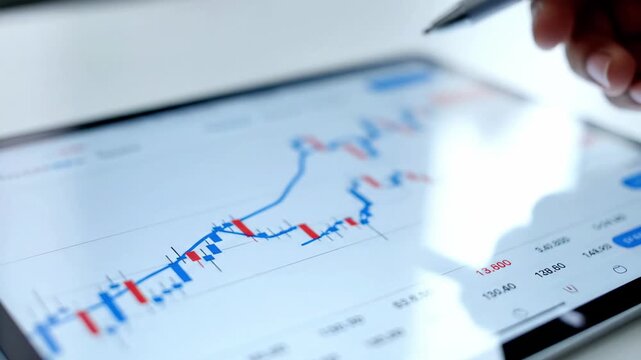 A hand holding a stylus pen pointing to a line graph on a digital screen displaying various financial data and charts